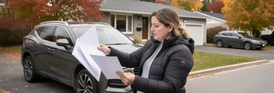 Propriétaire québécois consultant son assurance véhicule près de son VUS