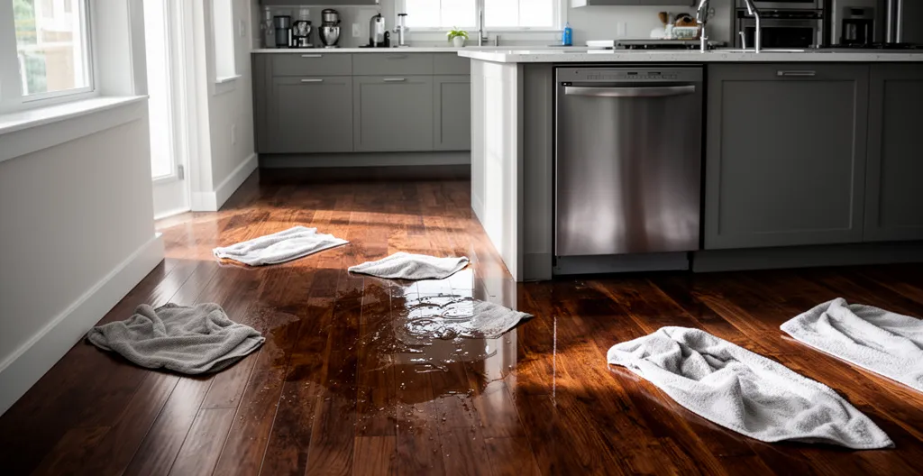 Dégât d'eau dans une cuisine résidentielle québécoise, sinistre assurance habitation