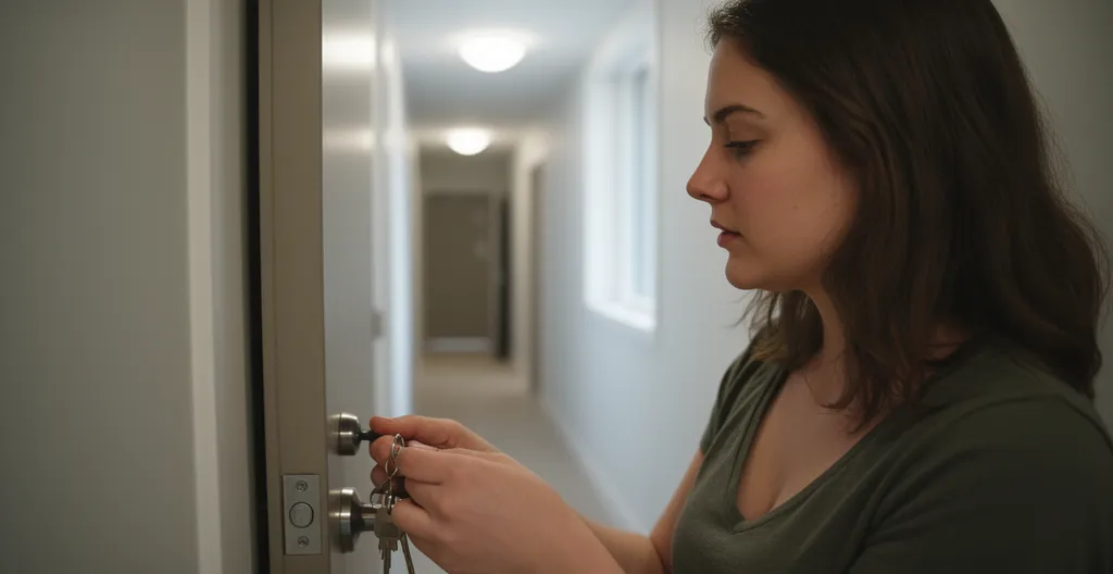 Jeune femme ouvrant la porte de son appartement à Montréal, assurance locataire