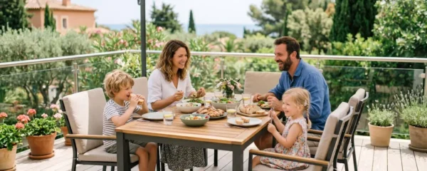 Famille profitant d'un déjeuner sur une terrasse avec un salon de jardin en aluminium anthracite sous un parasol