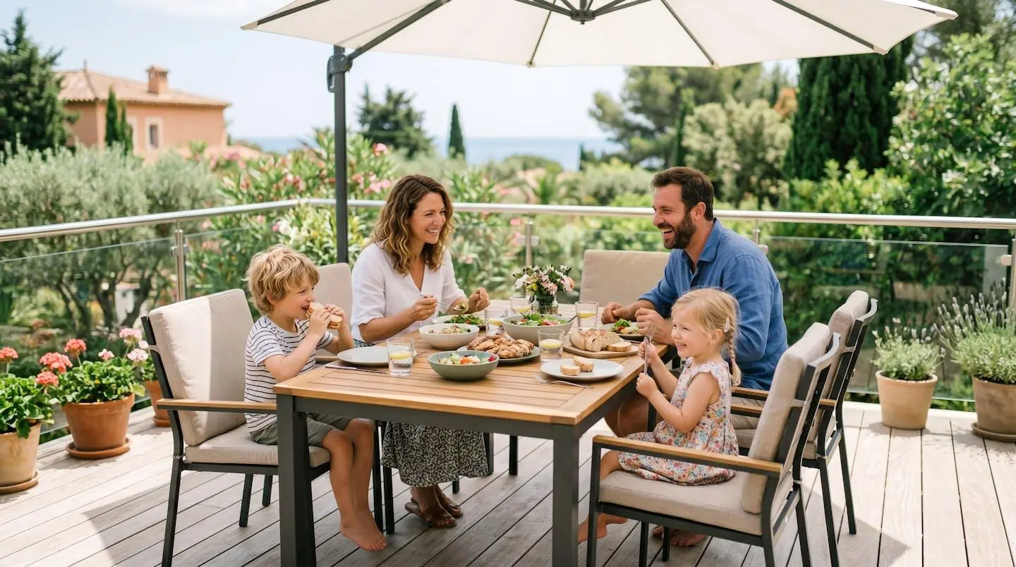 Famille profitant d'un déjeuner sur une terrasse avec un salon de jardin en aluminium anthracite sous un parasol