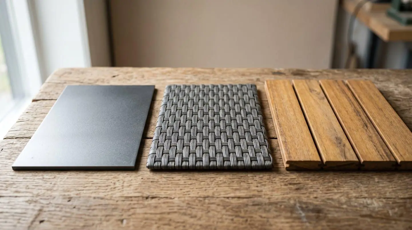 Gros plan sur trois échantillons de matériaux de salon de jardin : aluminium brossé, résine tressée grise et lamelles de bois composite