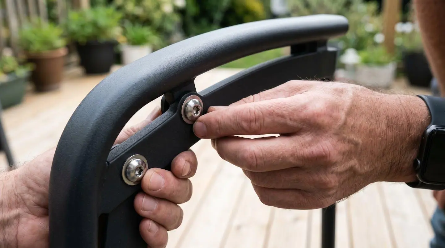 Main d'adulte inspectant de près l'assemblage d'un accoudoir de chaise de jardin en aluminium, avec visserie apparente