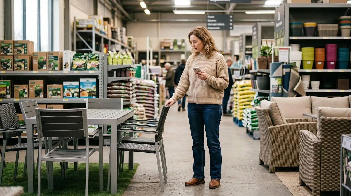 Cliente dans un magasin d'aménagement extérieur, comparant deux salons de jardin exposés côte à côte, smartphone à la main