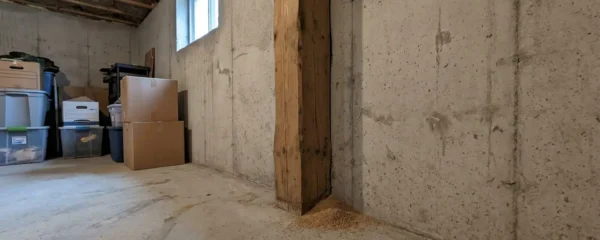 Sous-sol résidentiel québécois avec poutres de bois apparentes et fondations en béton montrant des traces discrètes d'humidité