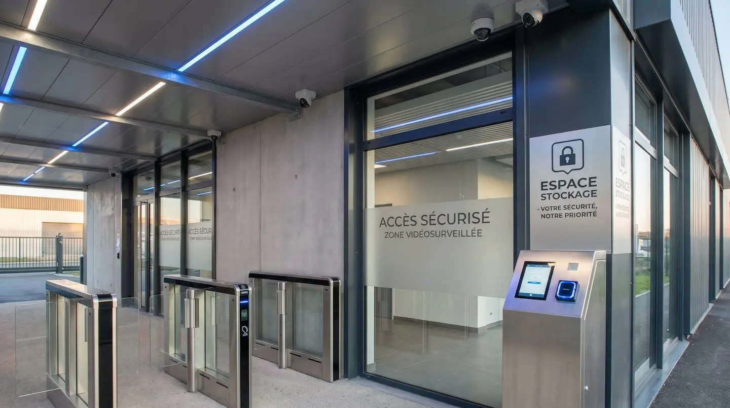 Entrée sécurisée moderne d'un centre de self-stockage avec système de contrôle d'accès par badge et portiques de sécurité