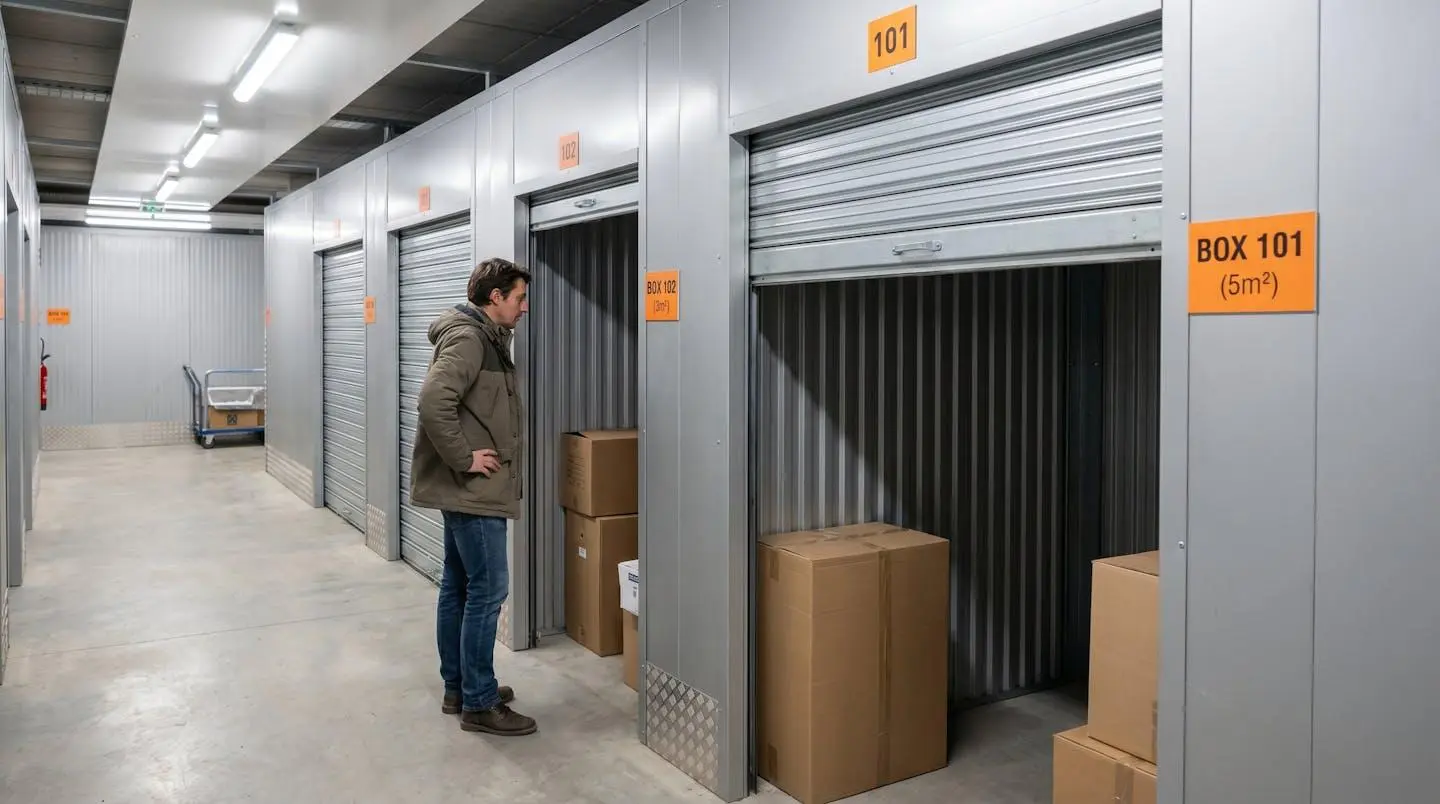 Personne comparant visuellement différentes tailles de box de stockage dans un couloir de centre moderne