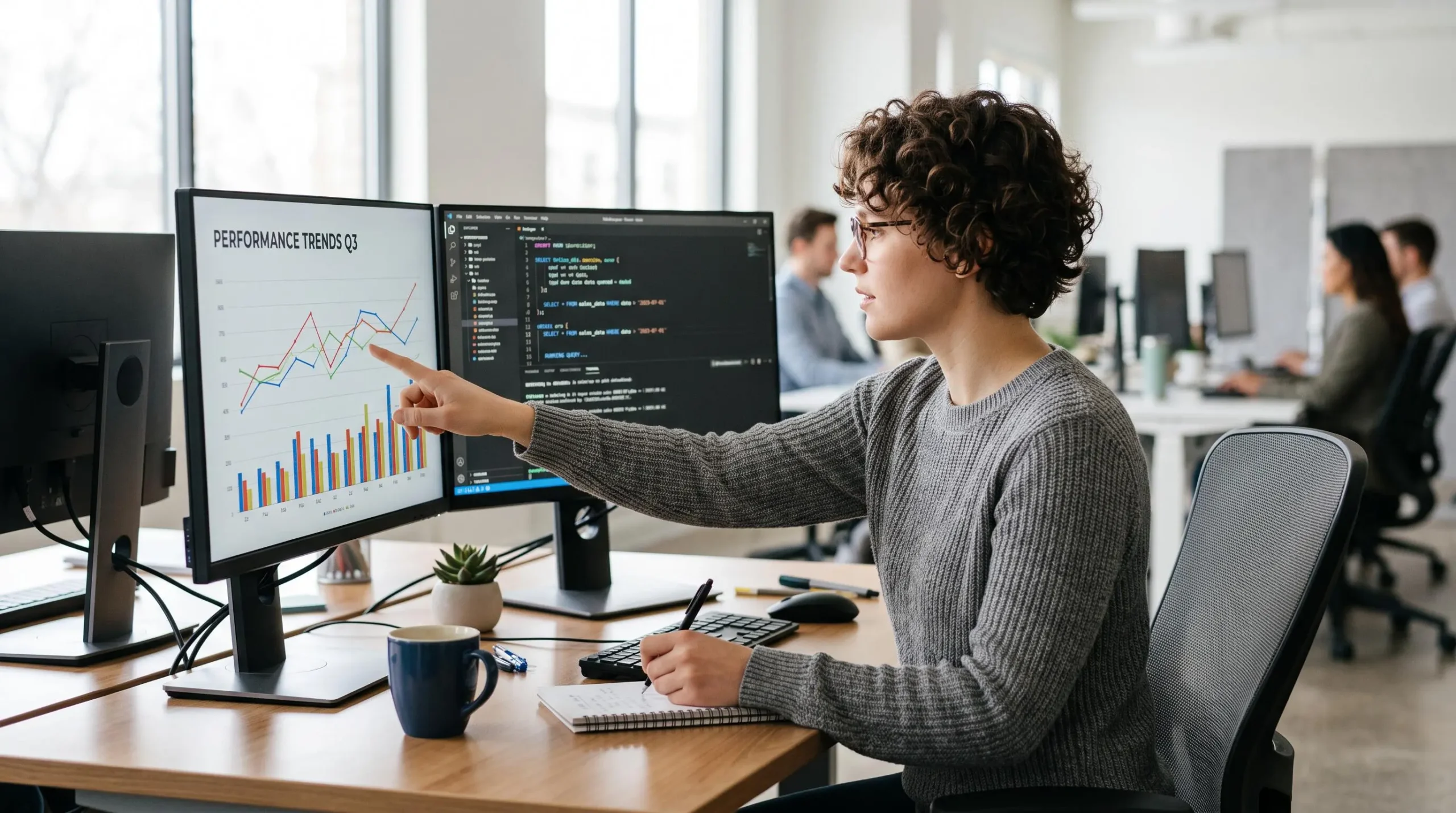 Une analyste étudie des graphiques de performance sur deux écrans au bureau.