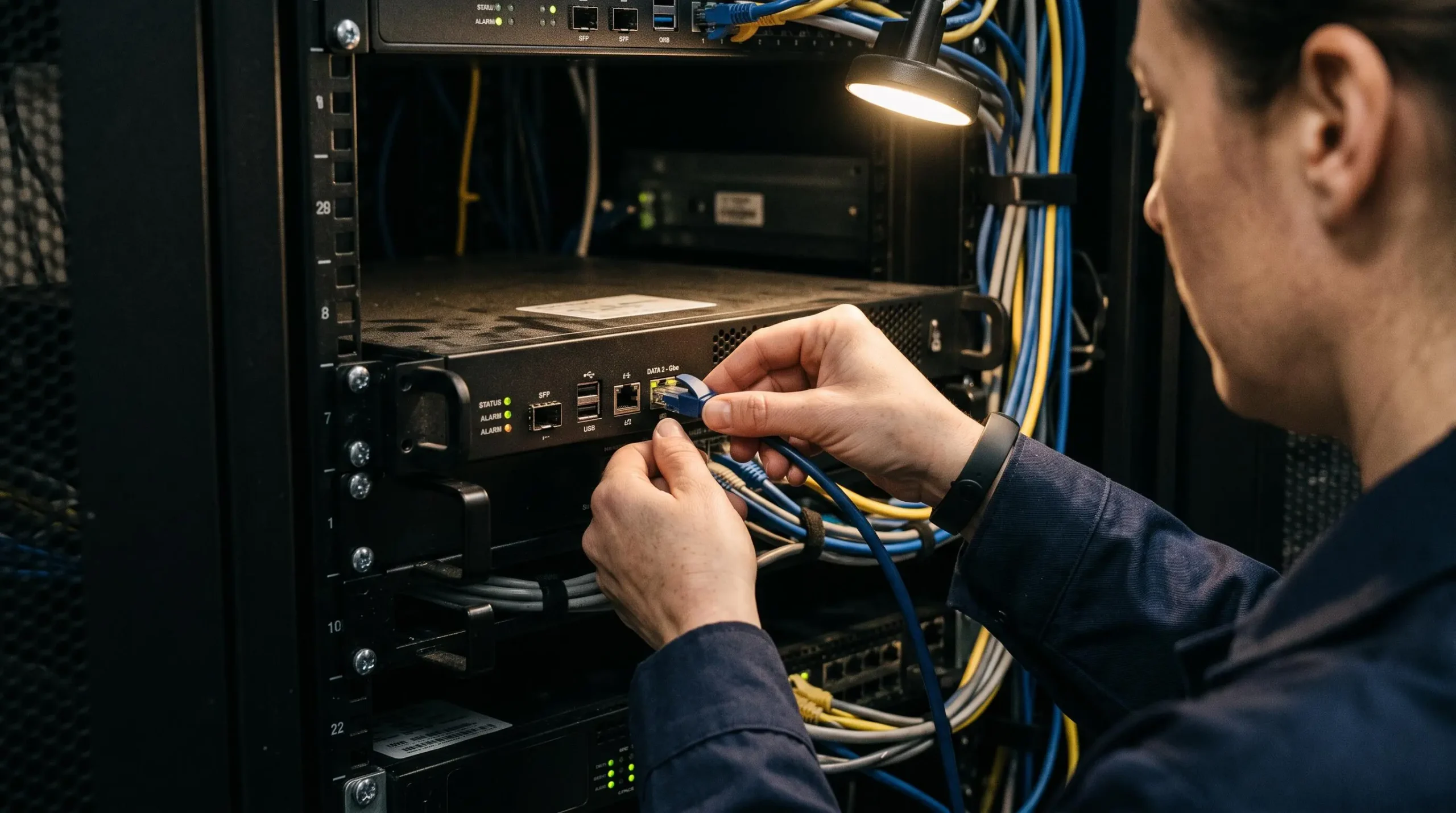 Un ingénieur connecte un câble sur un équipement de sécurité en rack.