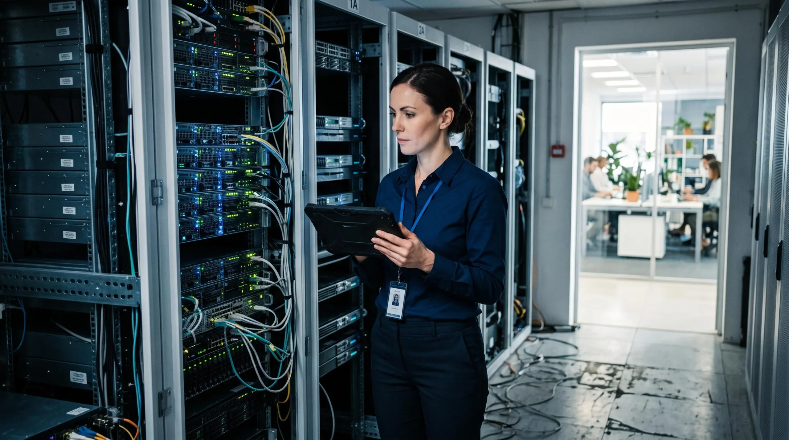 Un responsable infrastructures examine des serveurs locaux depuis une salle de son entreprise.